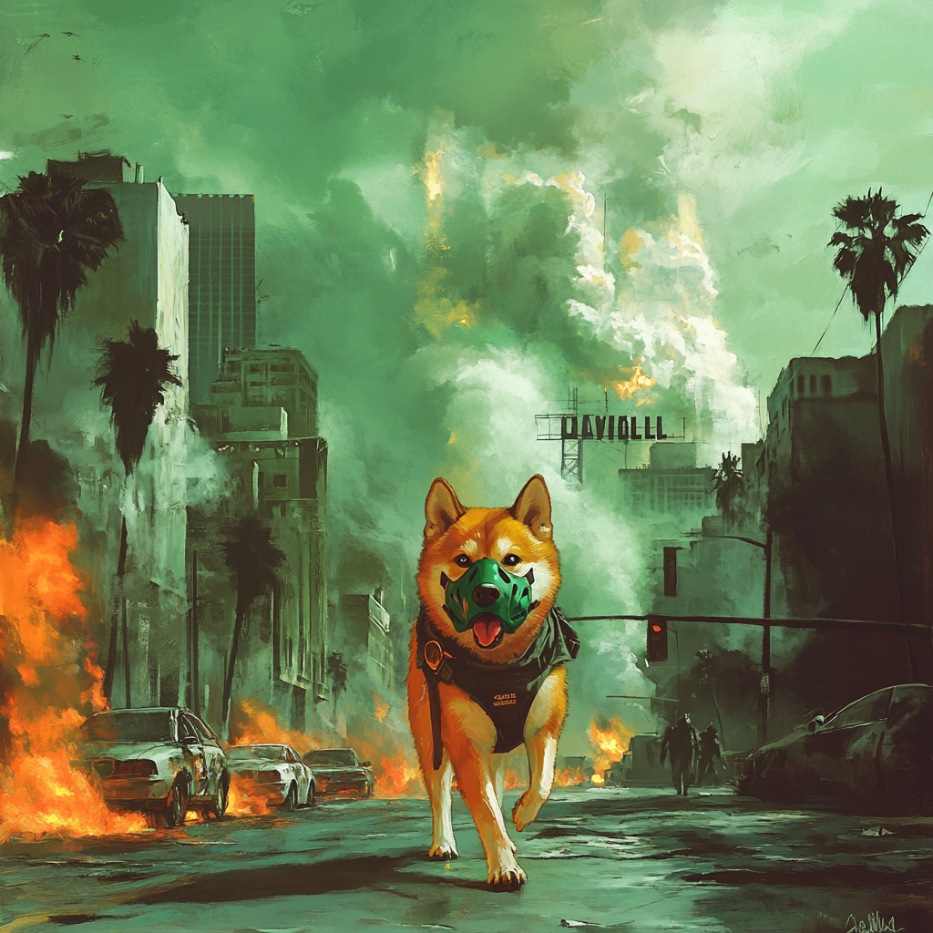 Shiba Inu in mask walks Hollywood in smoke.