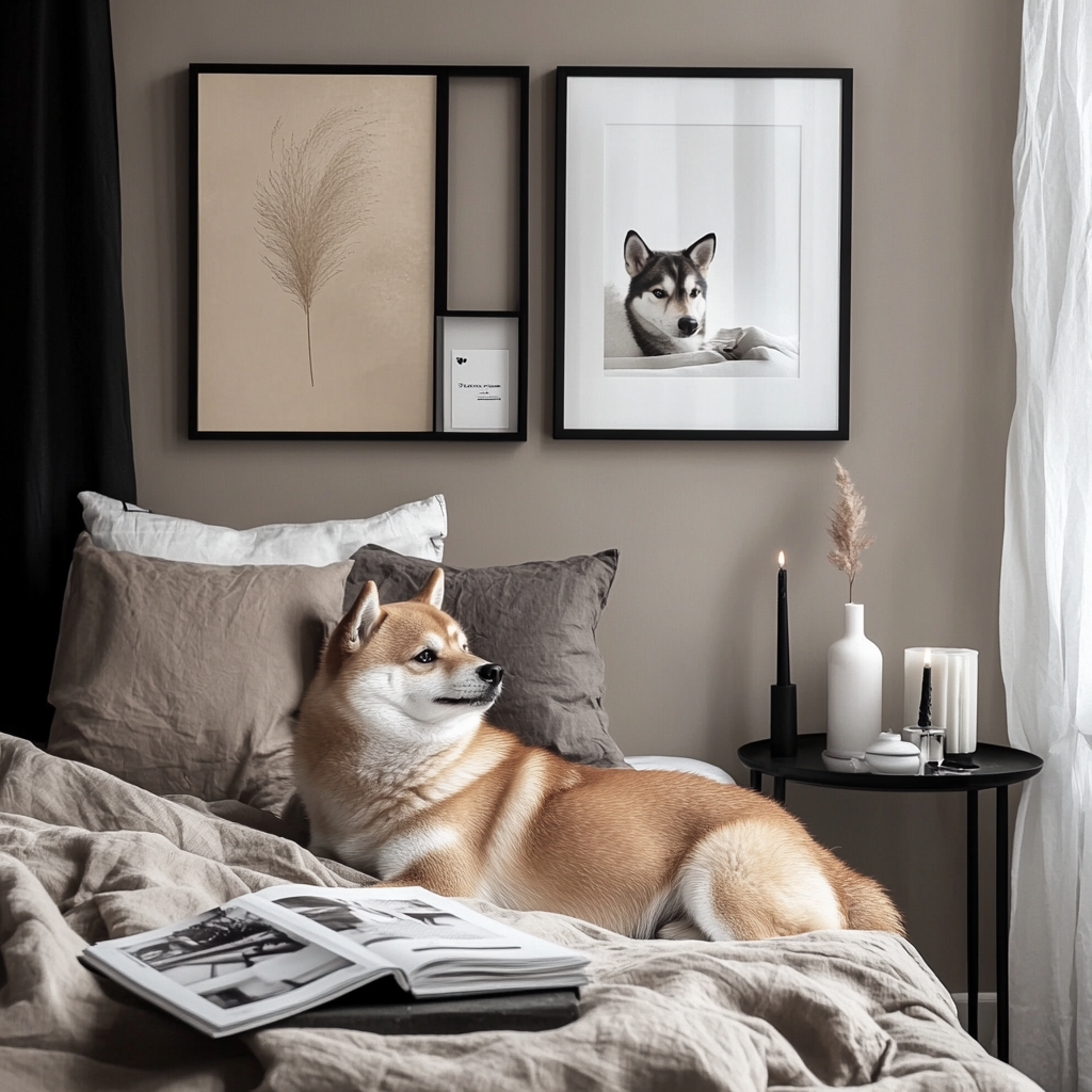 Shiba inu dog on bed in modern bedroom.