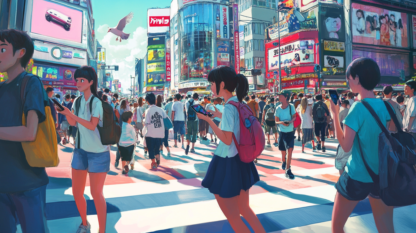 Shibuya Crossing: Busy Disney-Pixar Style Illustration