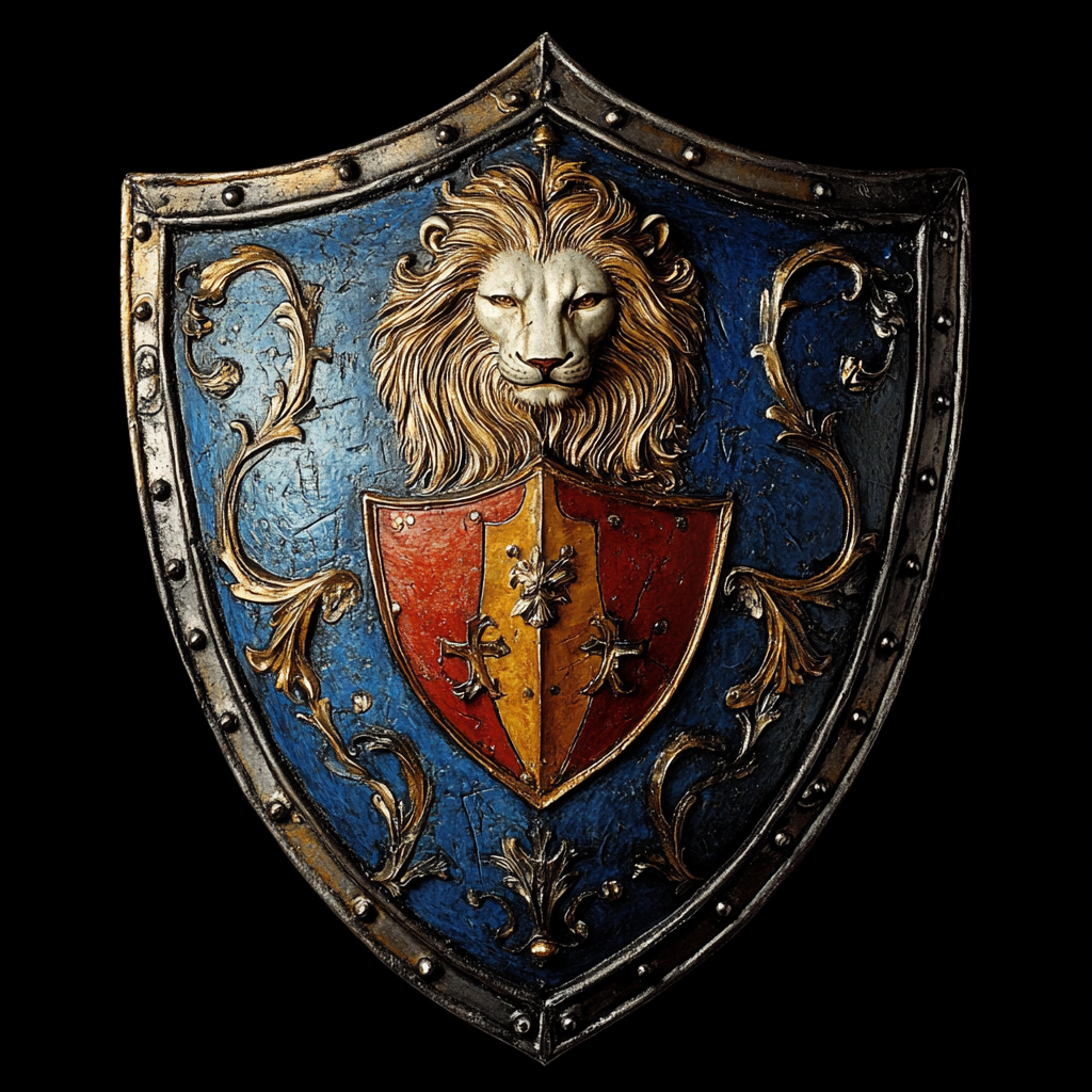 Shield with blue, silver flower, red, gold wheat, orange lion.