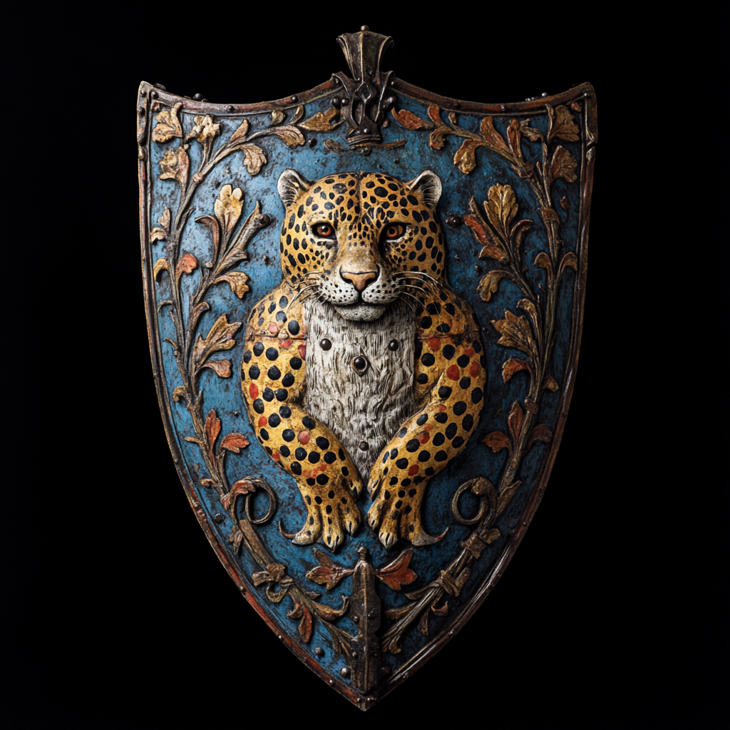 Shield with different colored sections, flower, wheat, jaguar.