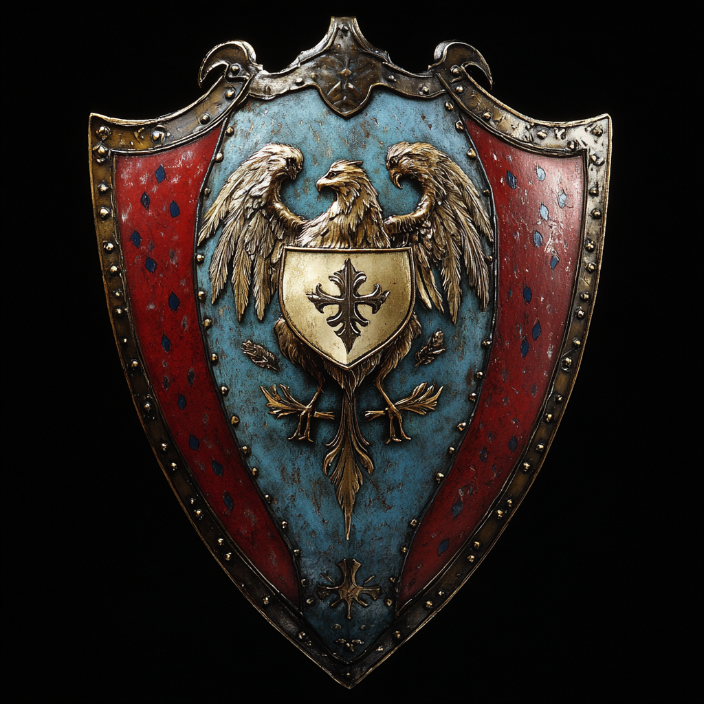 Shield with divided field: blue, white flower, red, lion.