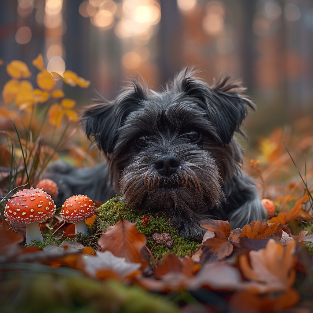 Shih Tzu dog lying on mossy leaves in forest.