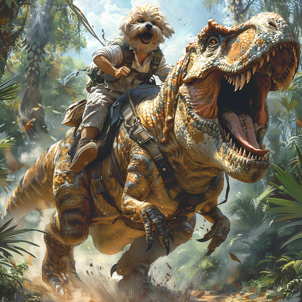 Shih Tzu dog rides Tyrannosaurus rex in jungle adventure.