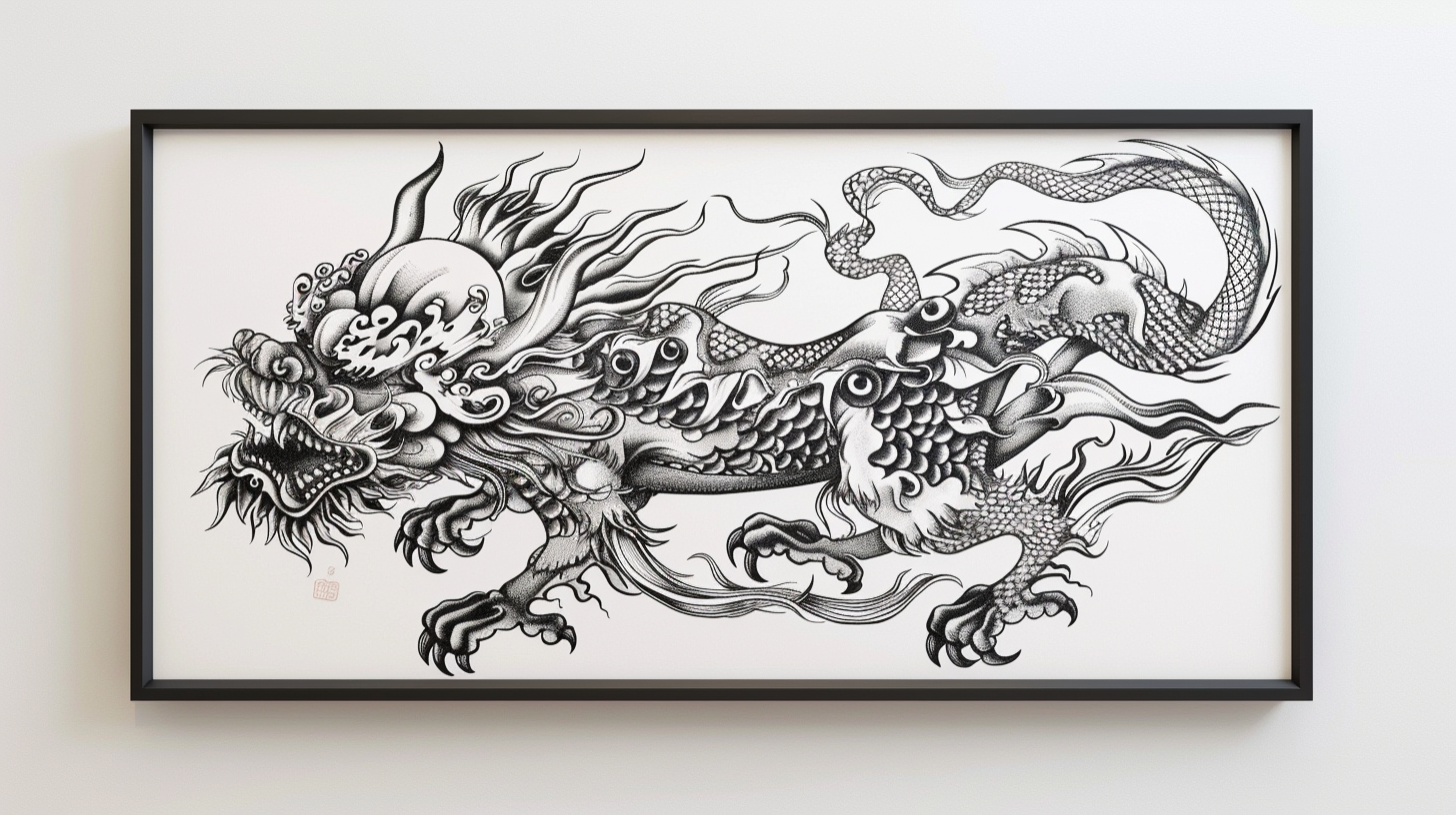 Shimeji beast in Chinese style, black and white caricature.