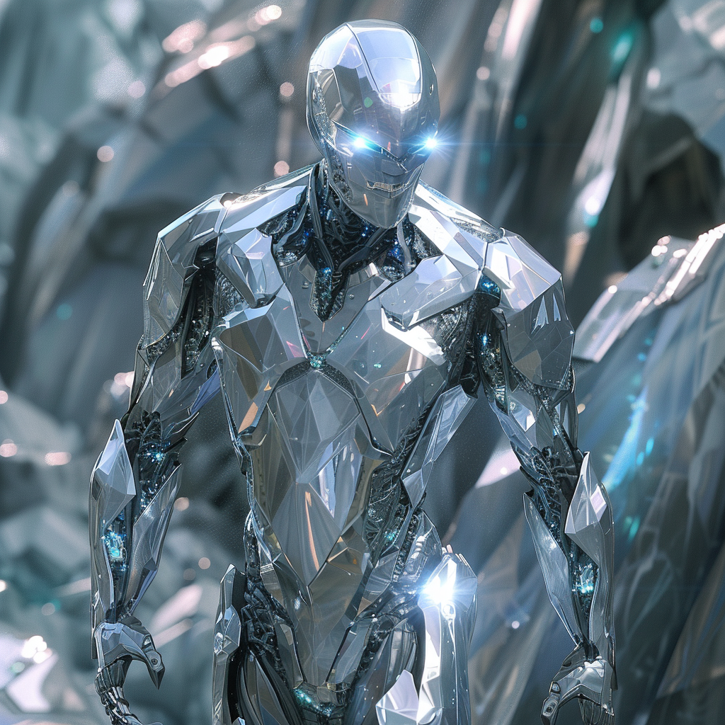 Shimmering Aluminum Elemental with glowing eyes in fantasy world.