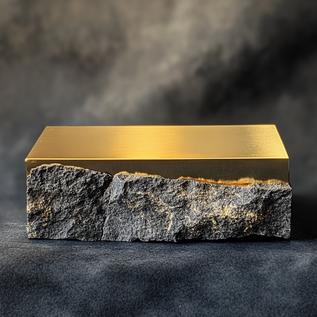 Shimmering gold plate on dark gray prism