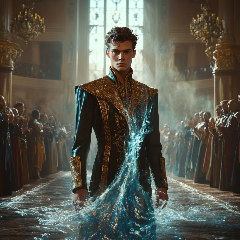 Shimmering man in royal chamber with water-like appearance