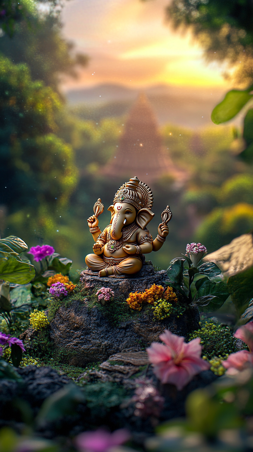 Shining Ganesh idol in lush valley with Hindu temple