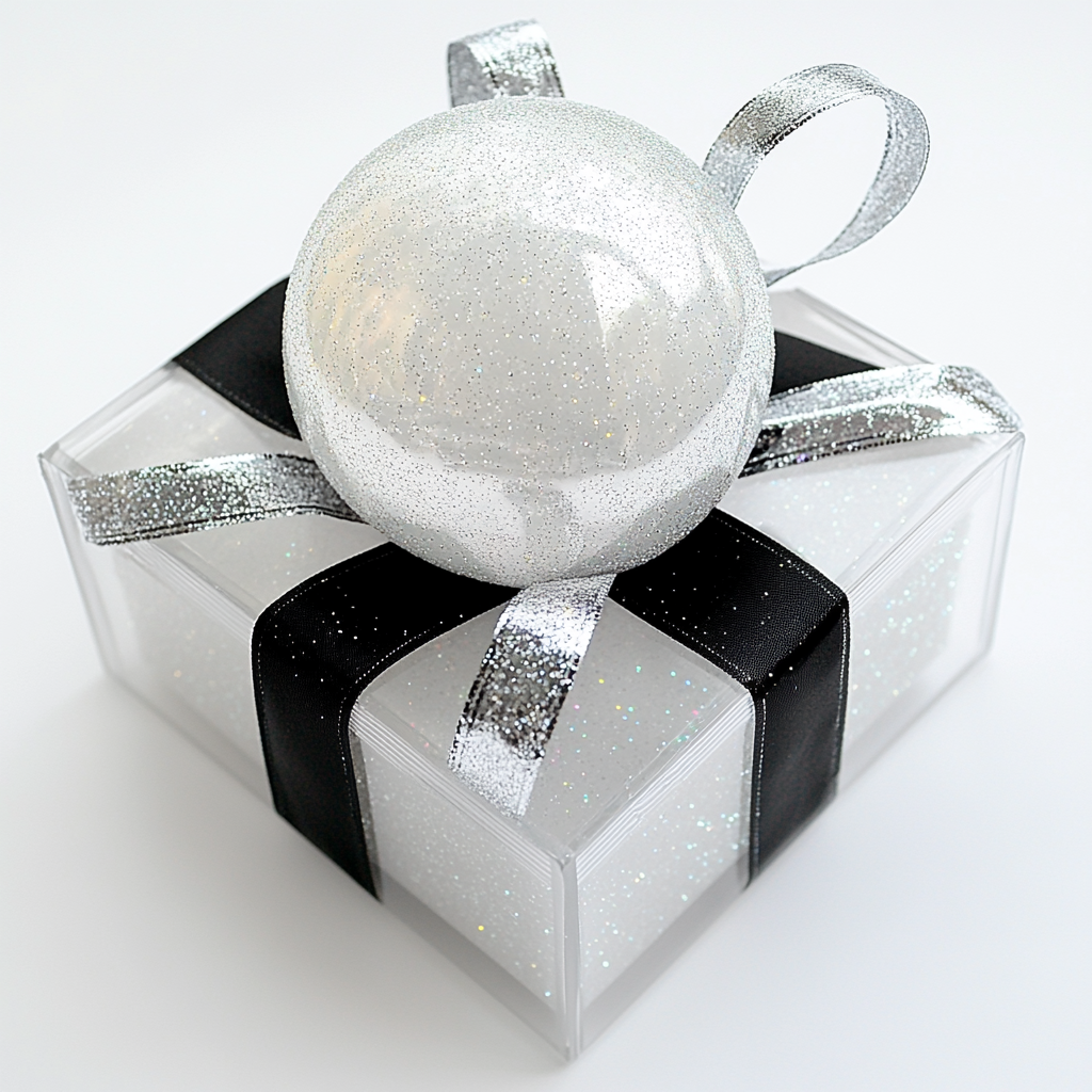 Shiny, round Christmas ornament in clear gift box.