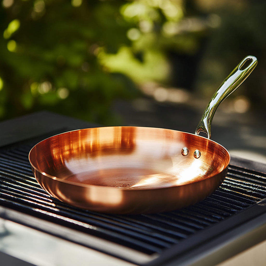 Shiny Copper Pan Cooking Steak on Grill