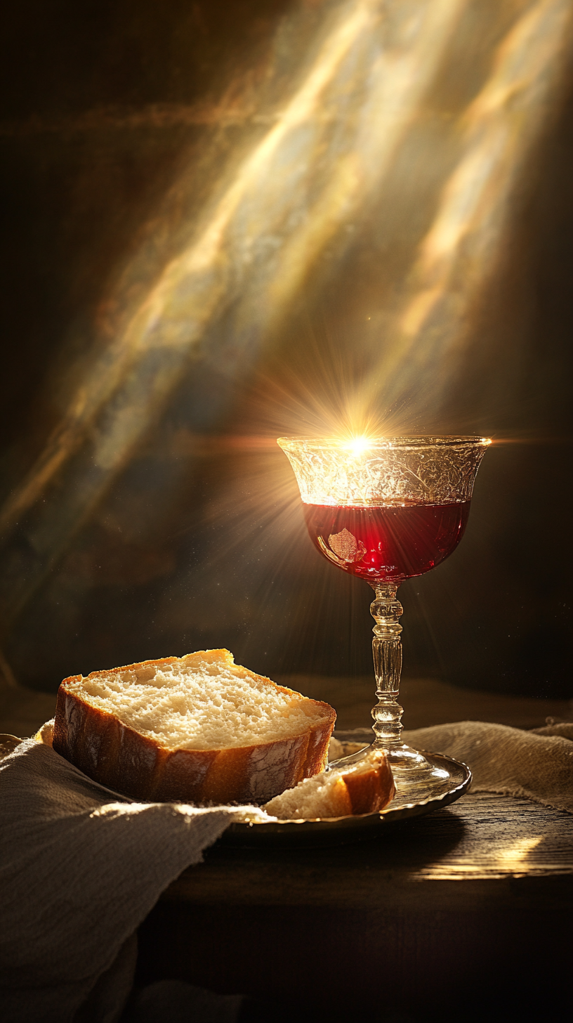 Shiny Eucharist set for Lord's supper: bread, wine, grace