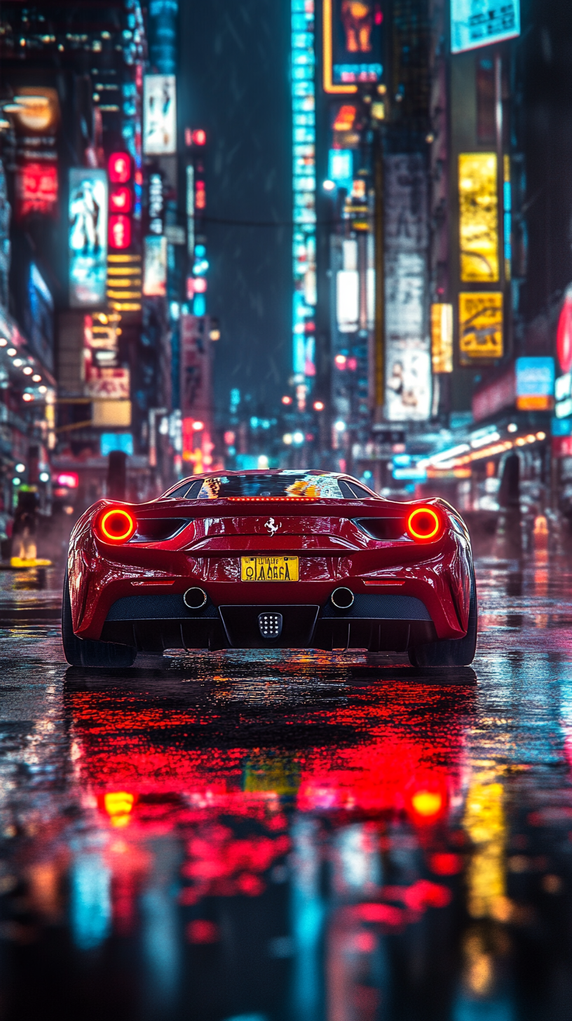 Shiny Ferrari in city with reflections, skyscrapers, neon lights.