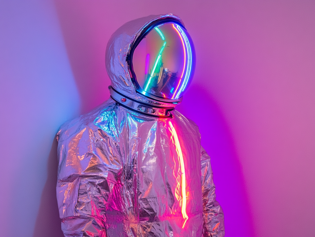 Shiny astronaut suit with neon lights on display