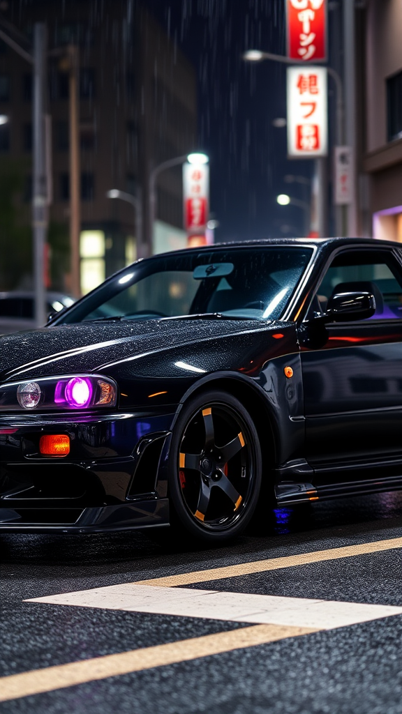 Shiny black car with red headlights in Japan.