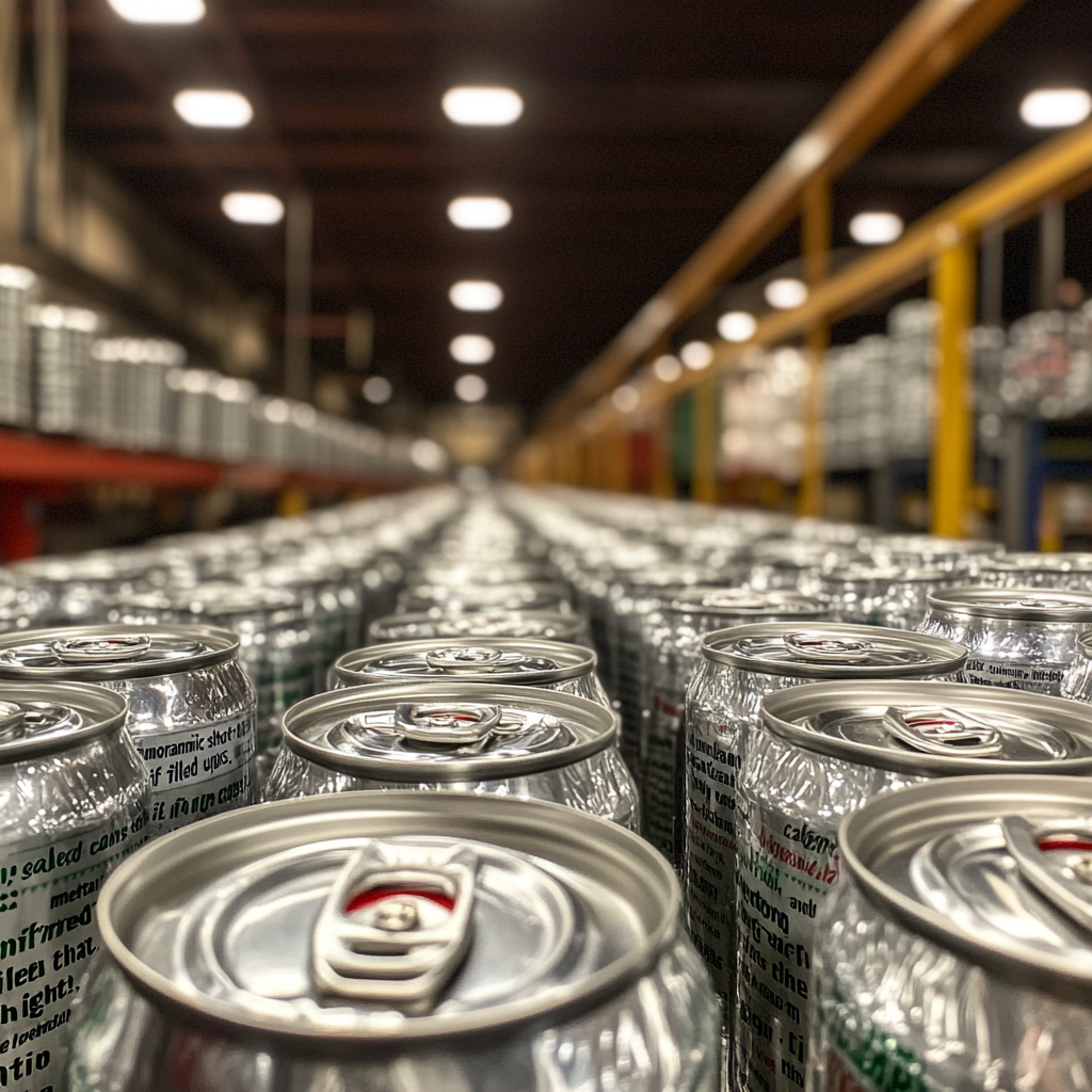 Shiny cans in rows, factory lights reflect quality.