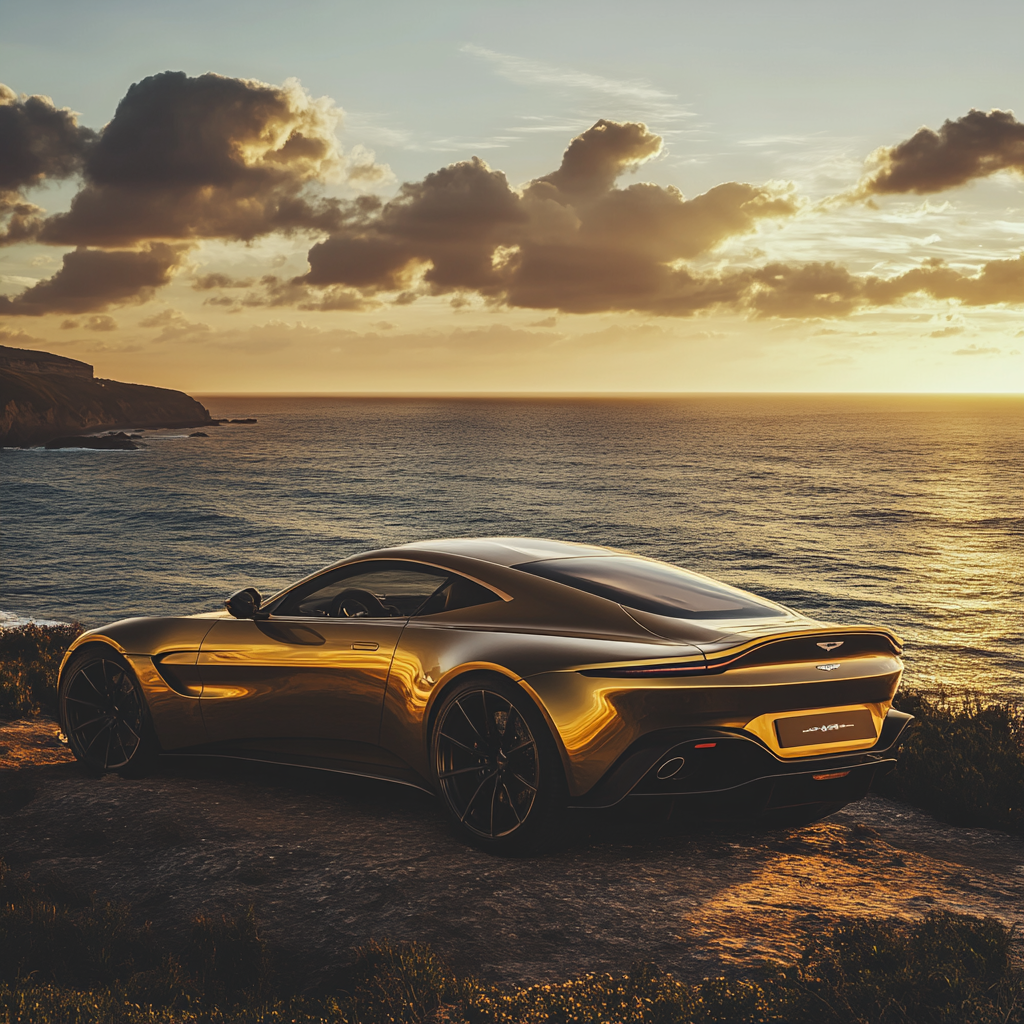 Shiny car overlooking sunset ocean, perfect cinematic atmosphere reflections