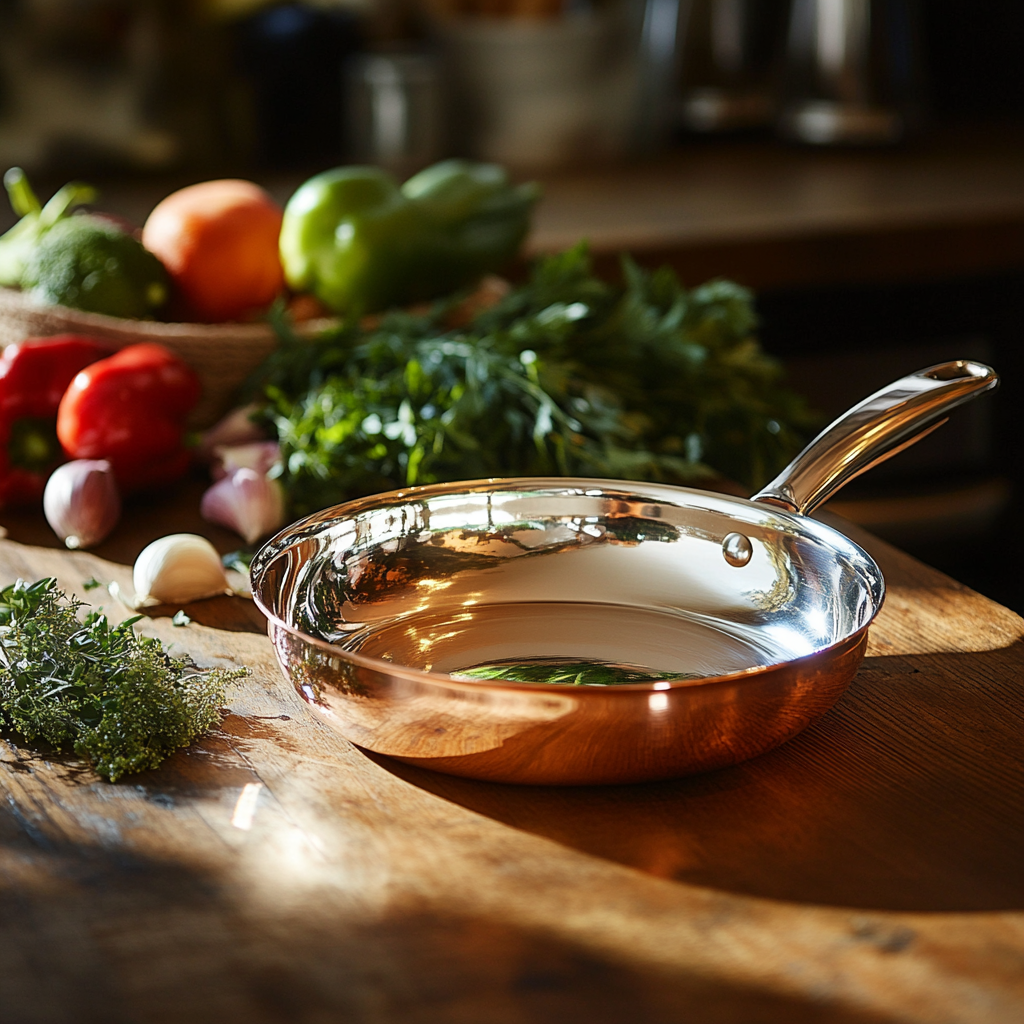 Shiny copper pan on counter with fresh veggies.