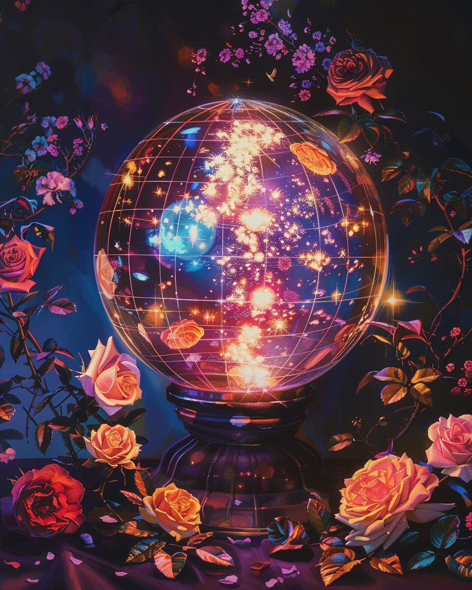 Shiny disco ball with flowers in Hajime Sorayama Style