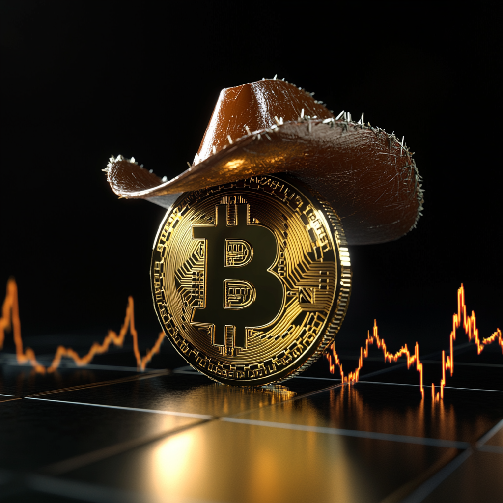 Shiny gold cowboy Bitcoin on rising black chart