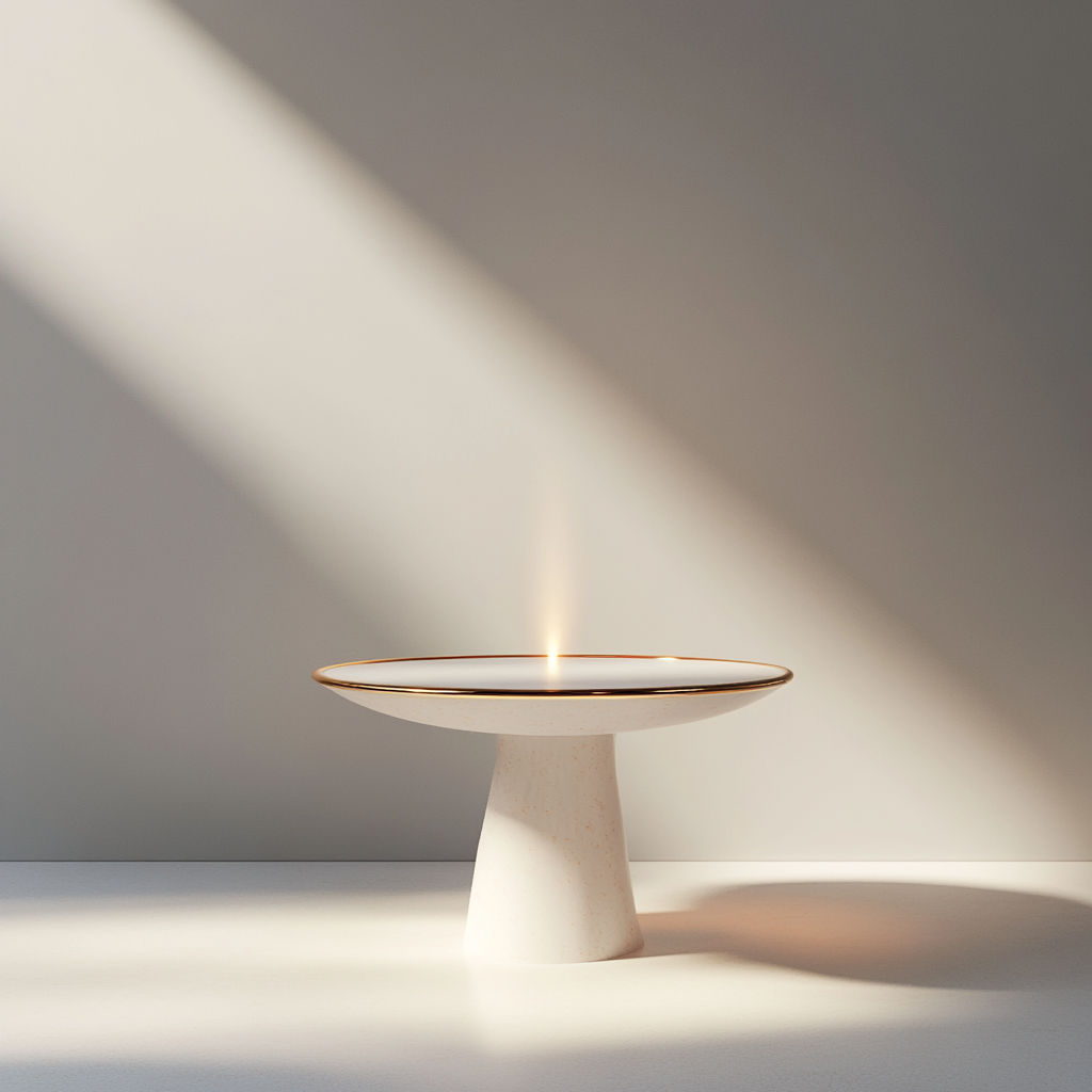 Shiny gold-rimmed table under spotlight on grey background