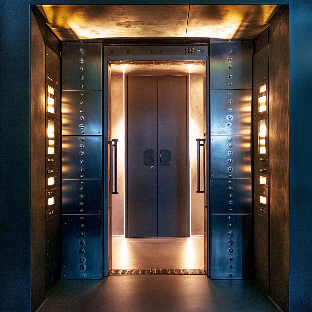 Shiny metal doors with glowing lights opened inside.