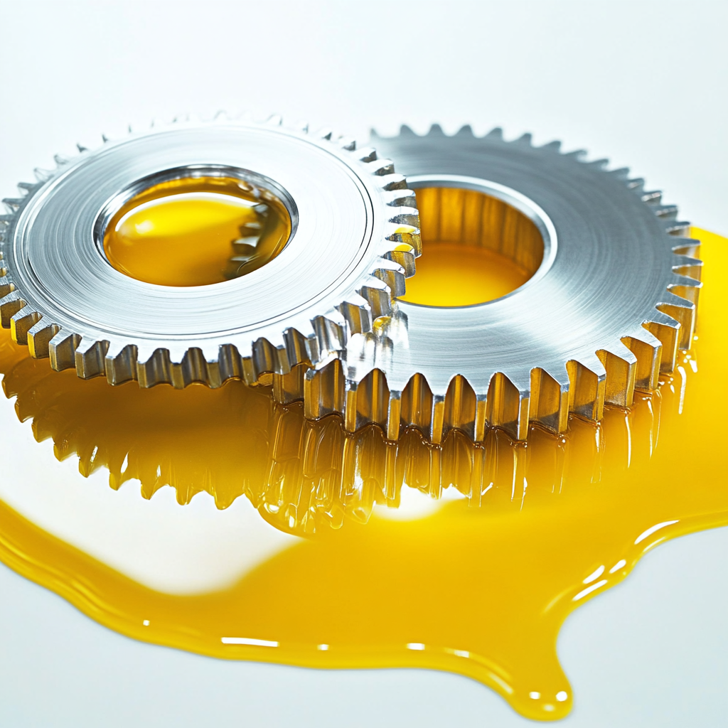 Shiny metallic gears on yellow viscous grease 