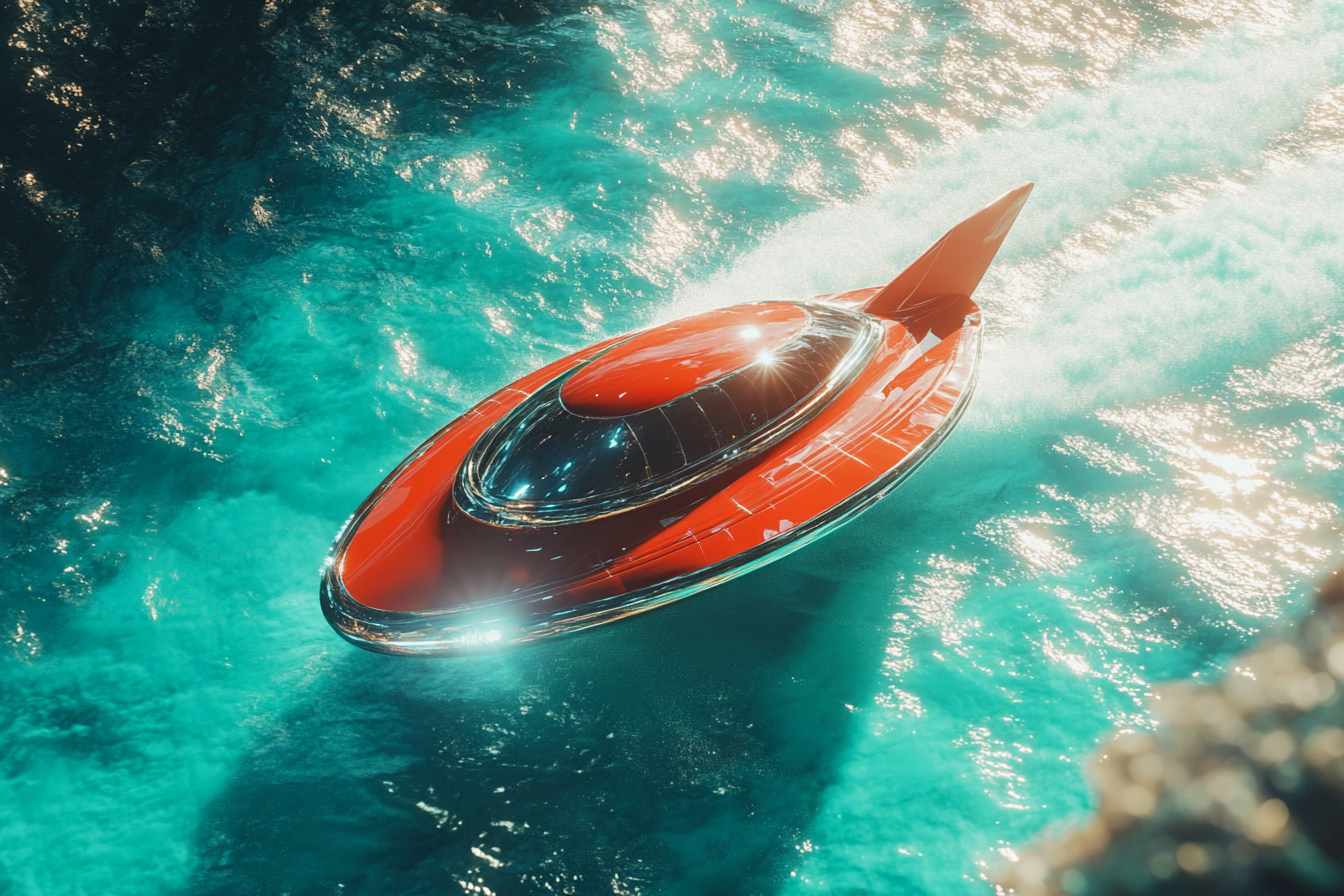 Shiny red UFO flies over blue ocean