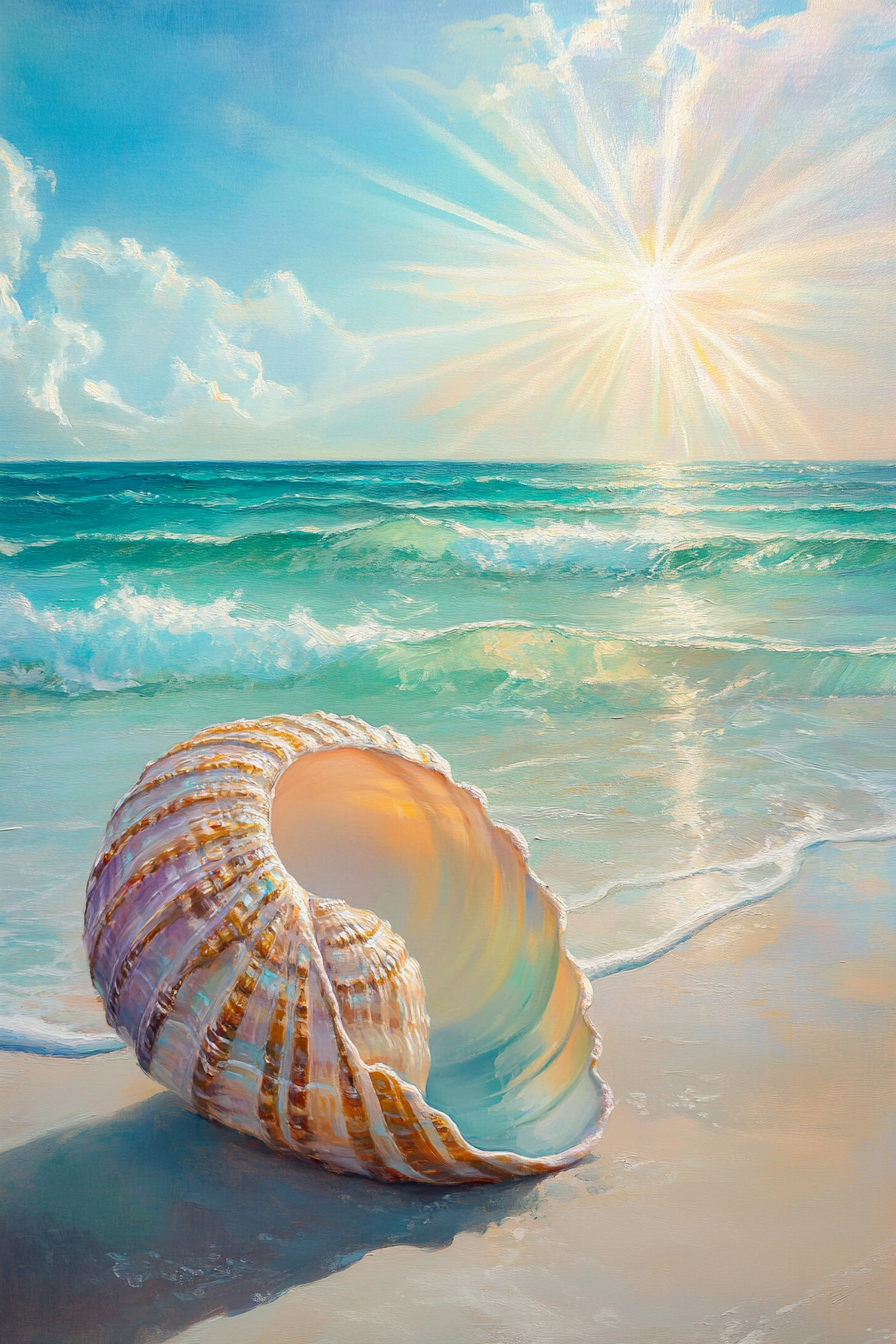 Shiny seashell on sand with ocean backdrop