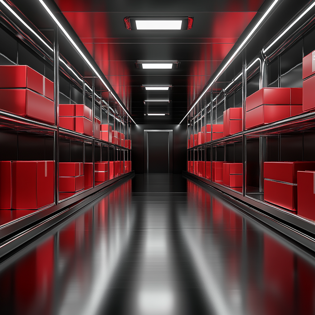 Shiny silver hallway with glowing red boxes