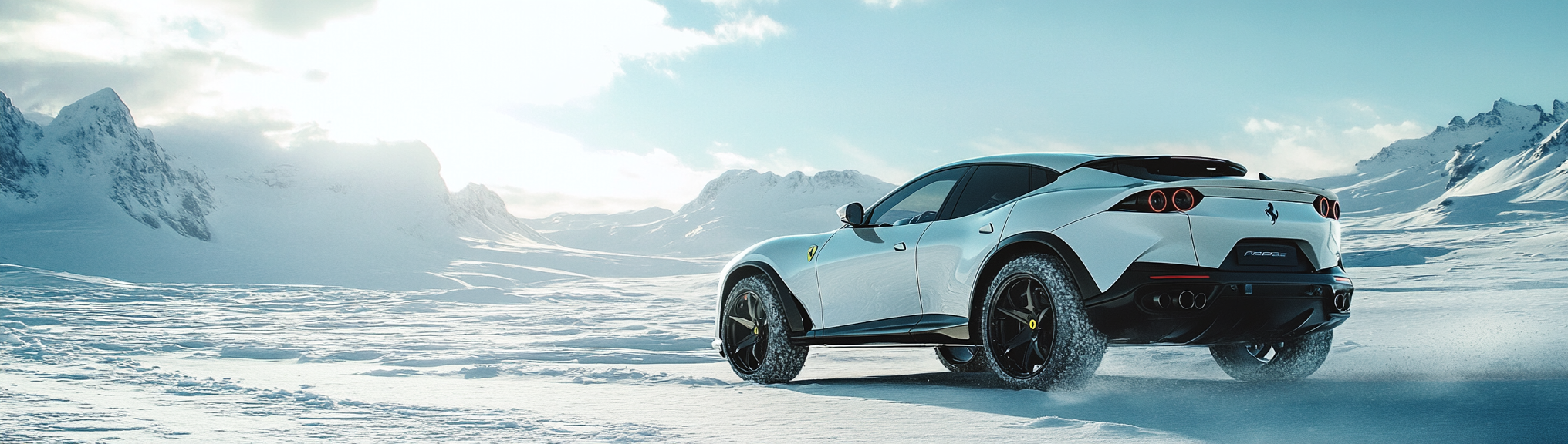 Shiny white Ferrari SUV on icy field, low angle.