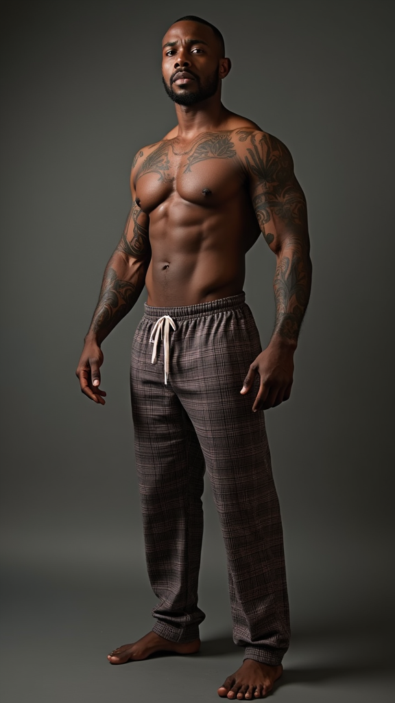 Shirtless African American Man with Tattoos in PJs