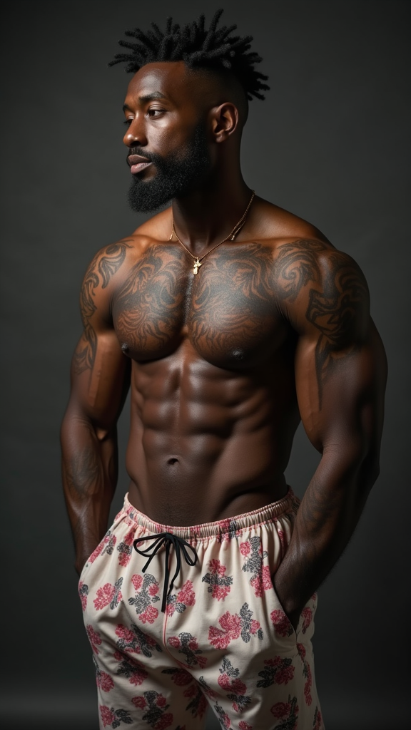 Shirtless African American Man with Tattoos in Pajamas