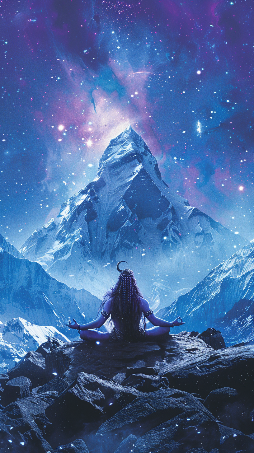 Shiva Meditates in Celestial Energy, Surrounded by Mountains