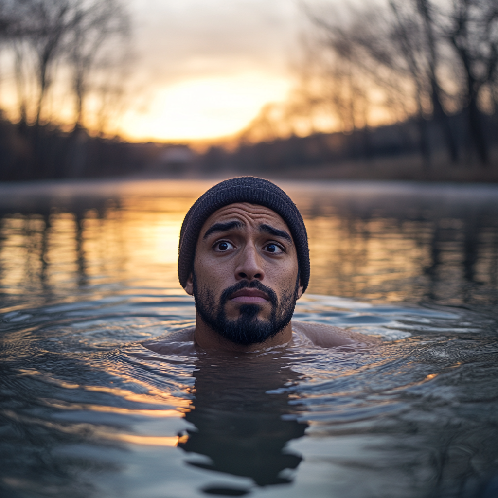 Shocked man in lake at sunrise holds camera