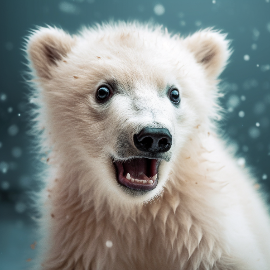 Shocked polar bear cub dropping fish in snow