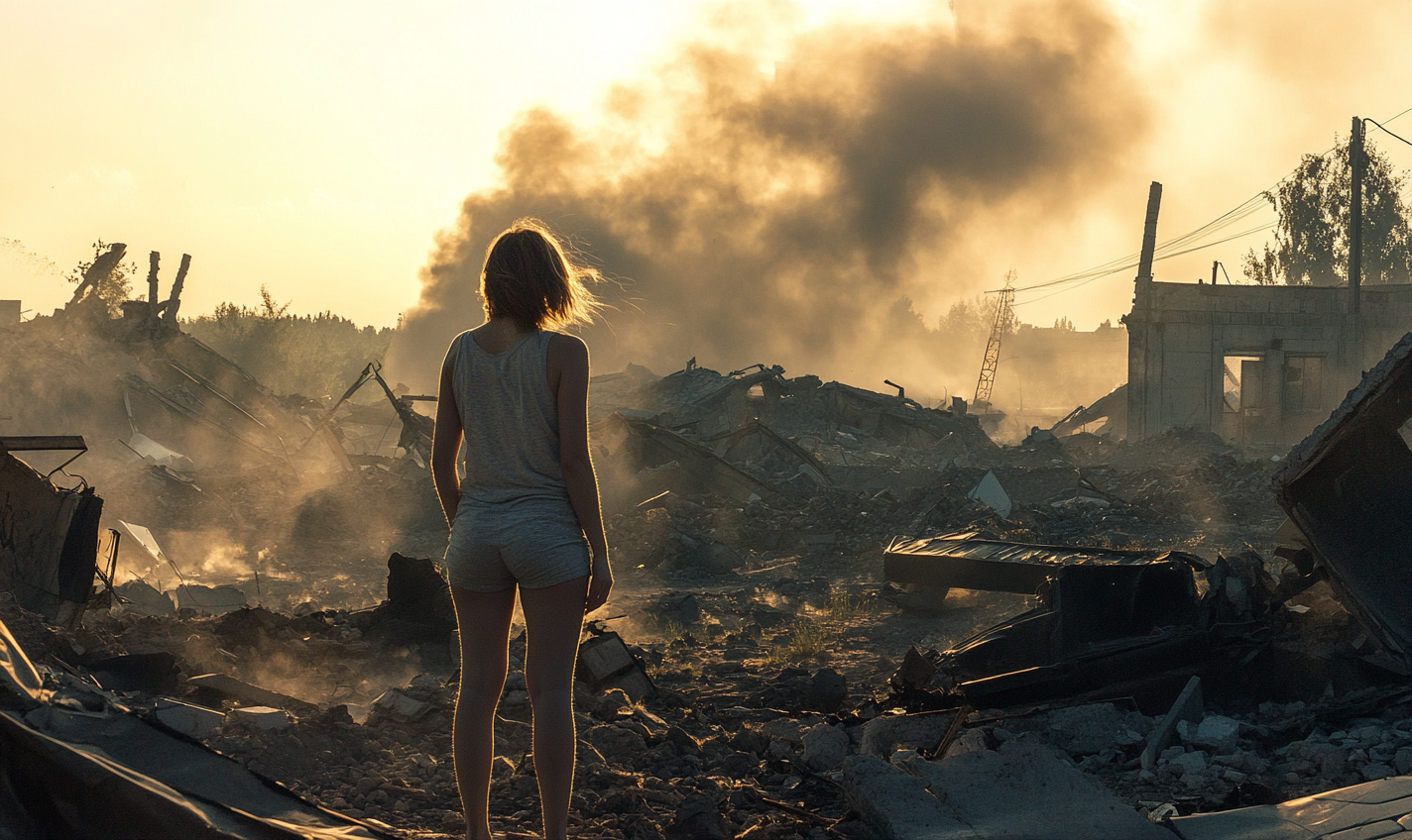 Shocked woman in ruined Ukrainian city after explosion.