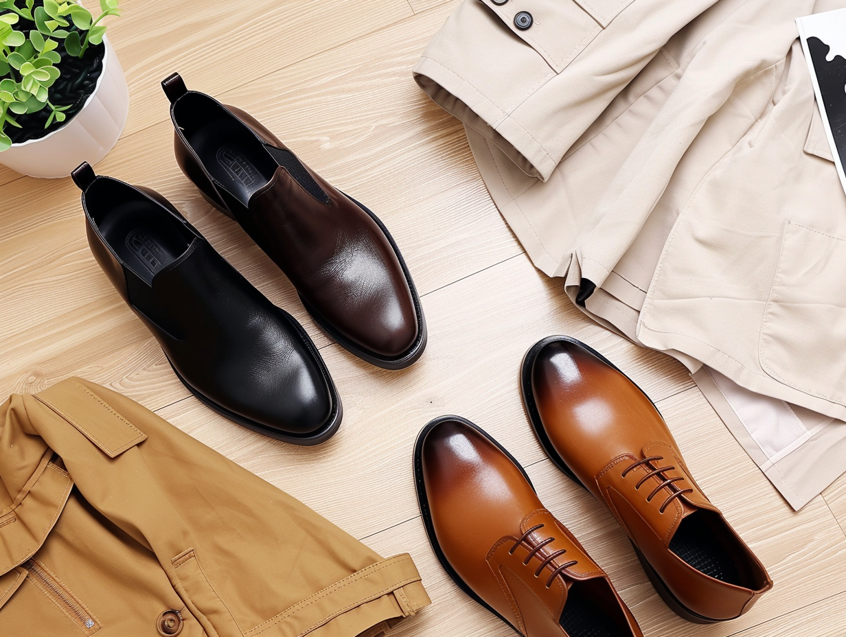 Shoe Options with Trench Coat on Wooden Floor