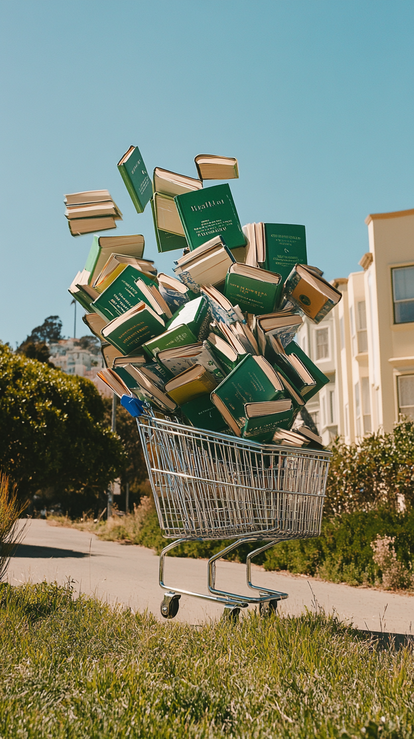 Shopping cart full of green books tumbling down hill.