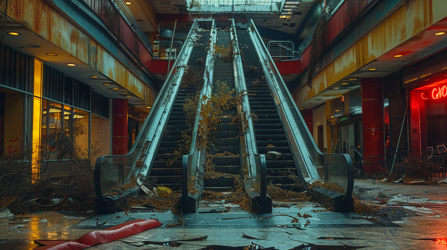 Shopping mall decaying, broken glass, empty storefronts, escalators frozen.