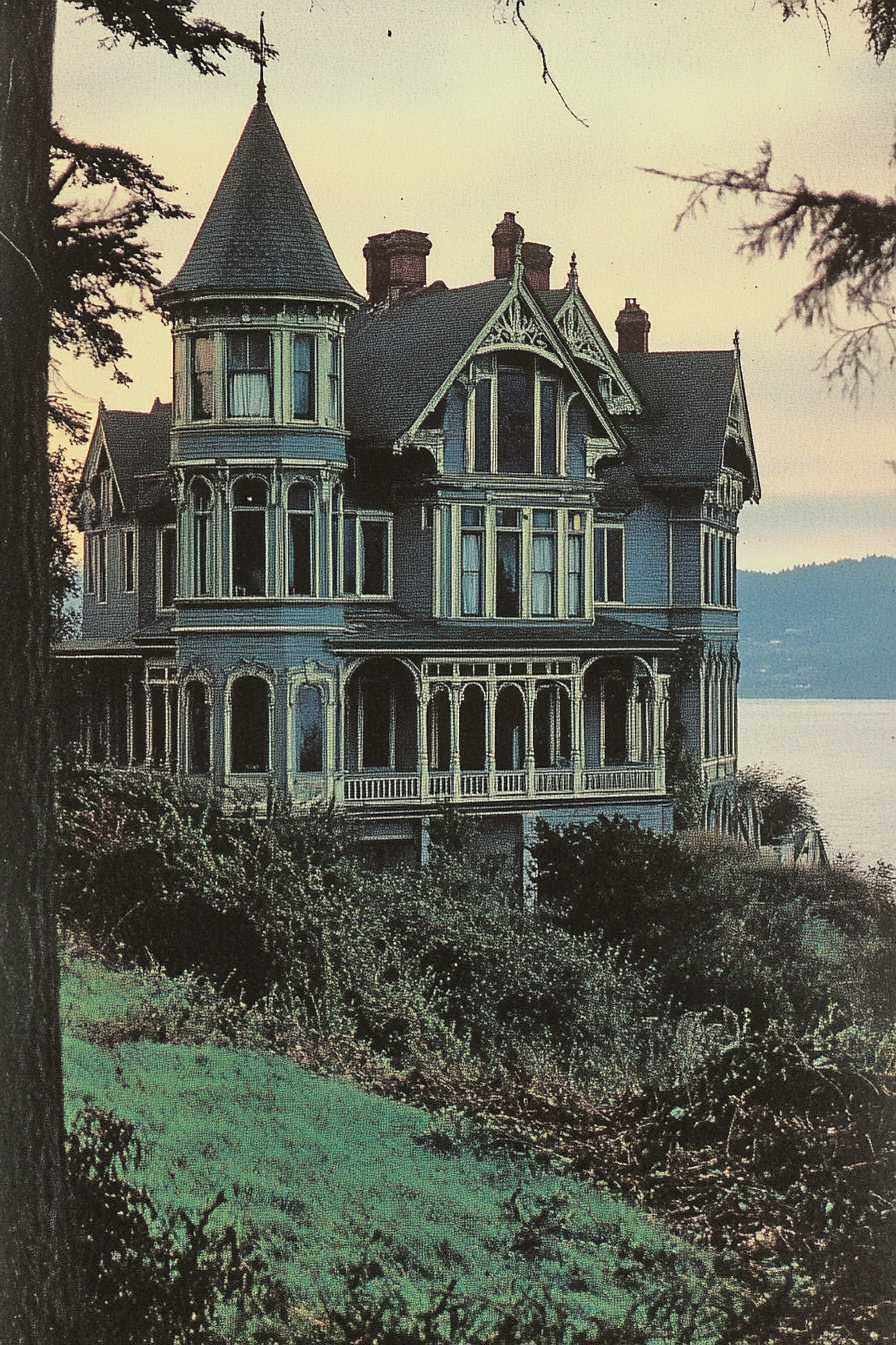 Shorecliff Manor Victorian house with blue shutters, tower, widow's walk.