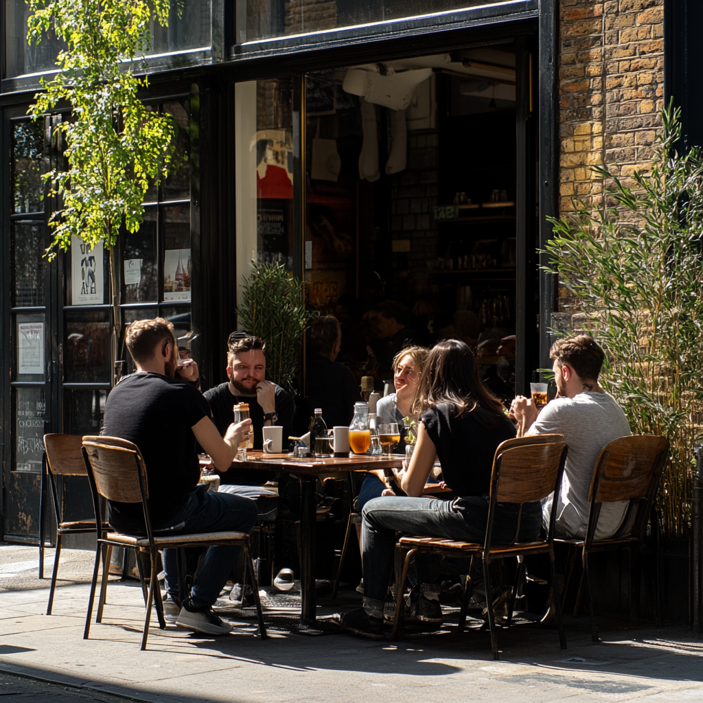 Shoreditch Summer Cafe Scene: People Chatting, Drinking Coffee