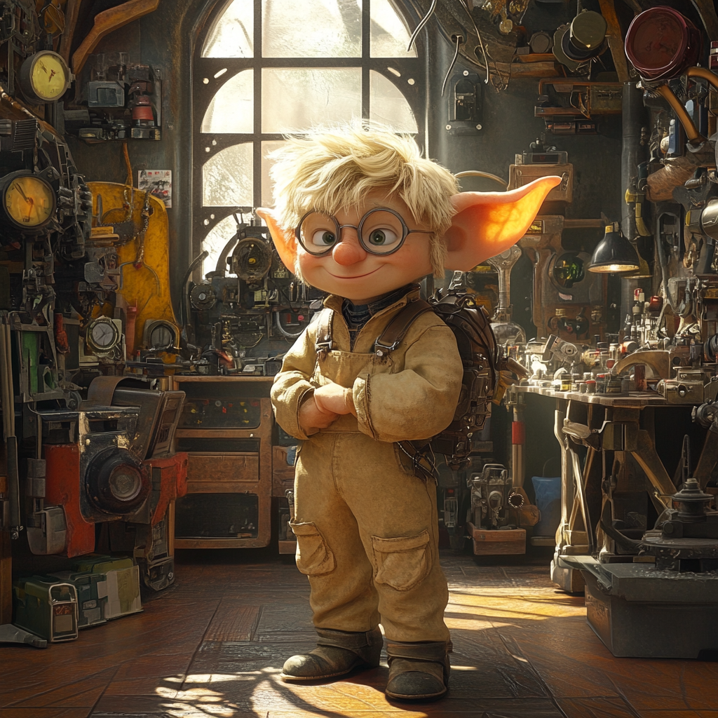 Short adult gnome in workshop with many gadgets.