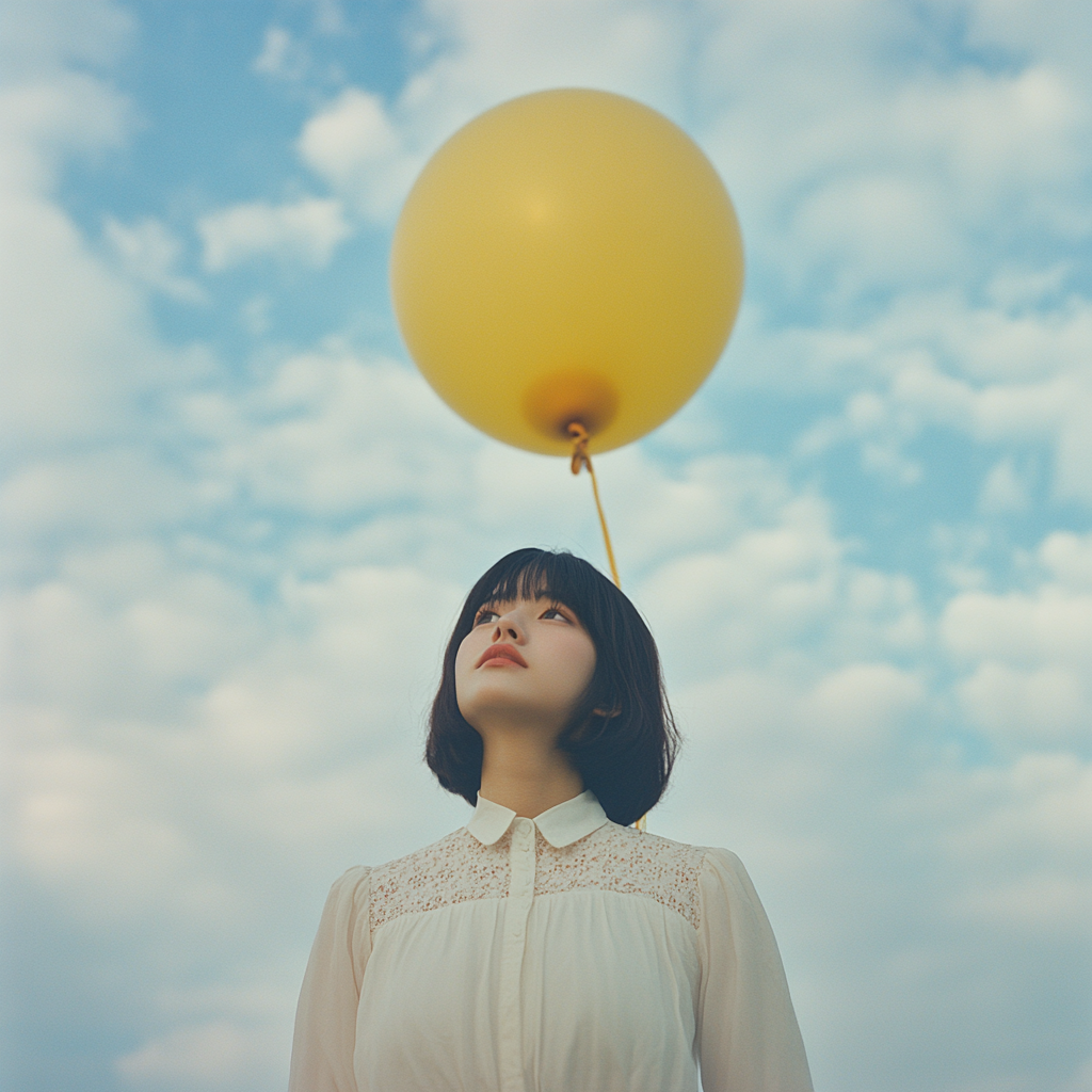 Short black hair Asian woman holding yellow balloon clouds.