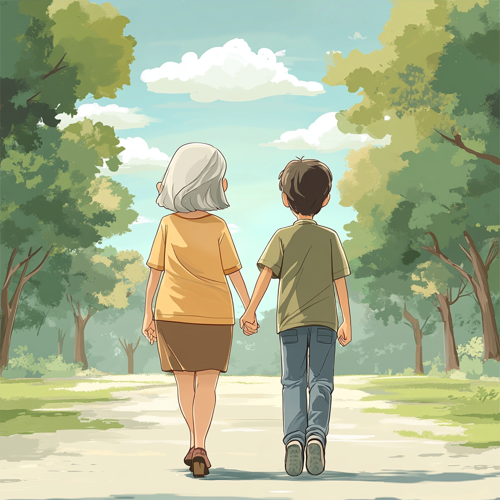 Short grandma and tall grandson holding hands in park.