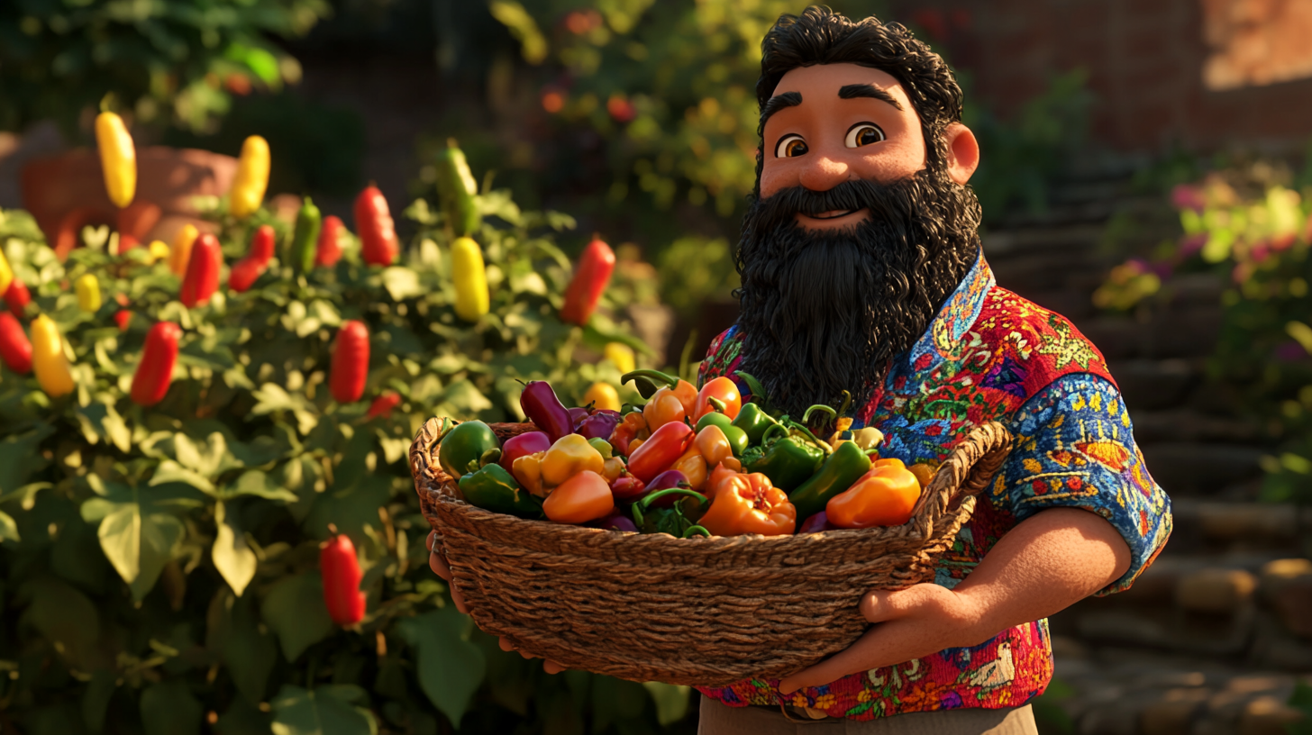 Short man in Mexican attire with peppers in garden.