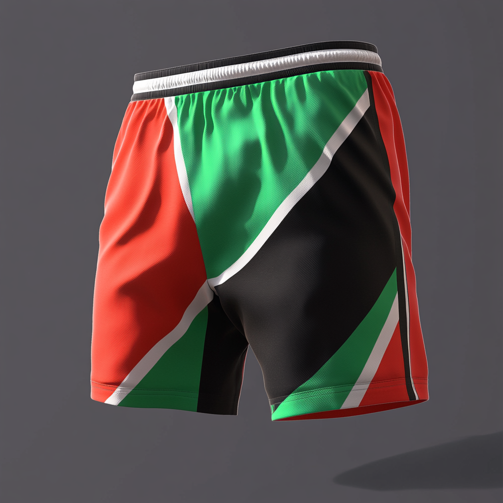 Shorts with flag design: red, green, black triangle.