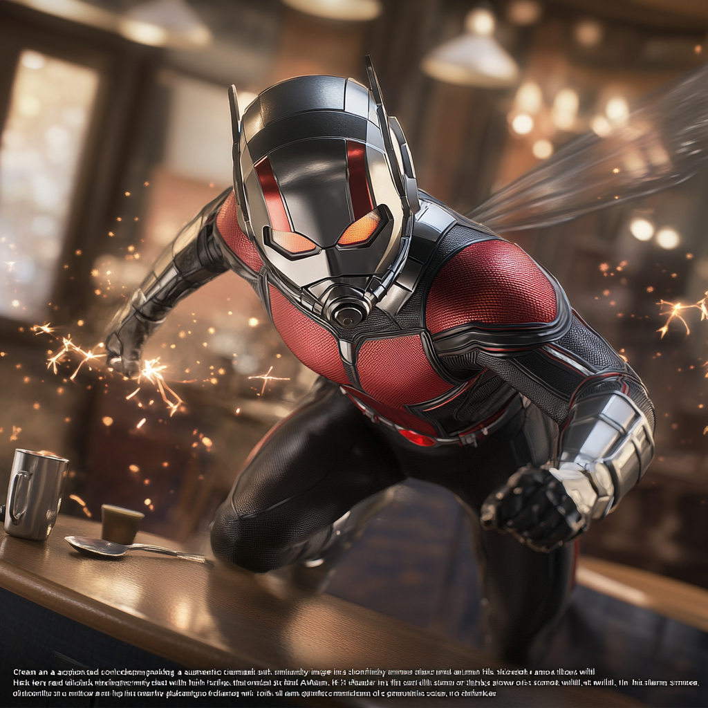 Shrunken superhero Ant-Man runs on giant kitchen table.