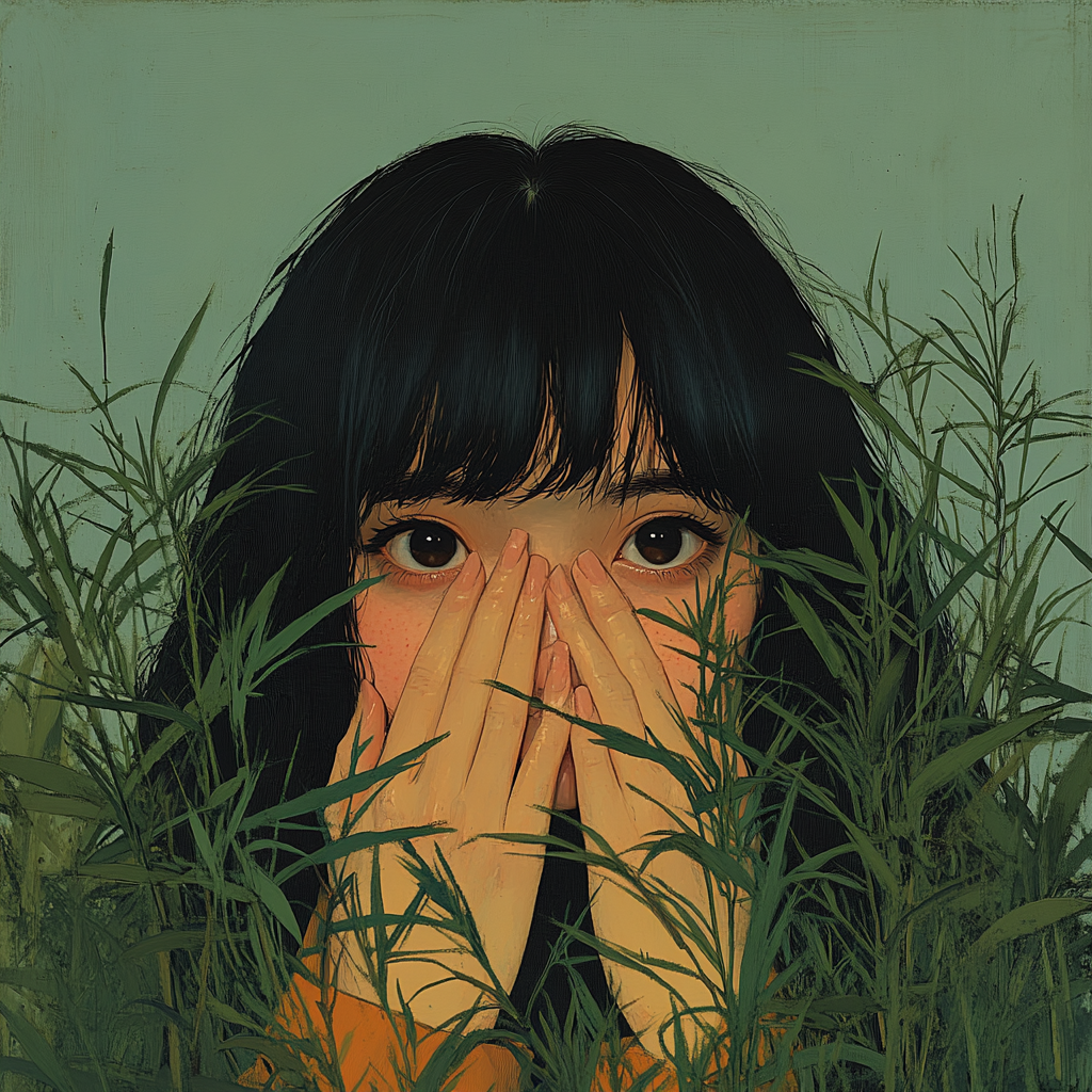 Shy woman hides behind plant, hands over face.