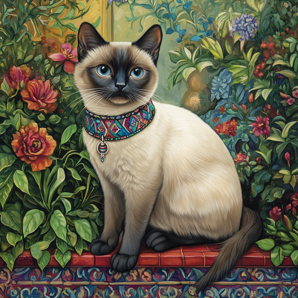 Siamese Cat With Moroccan Collar in Lush Garden